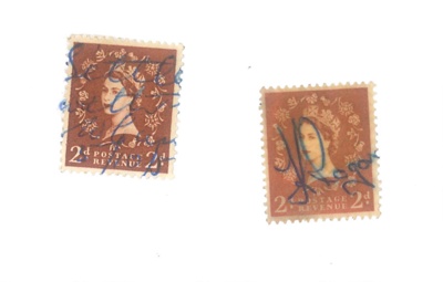 British postage stamps (2) (brown) - Elizabeth II - Price 2d; 37339