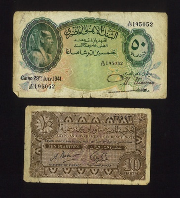 Bank notes (2) - national bank of Egypt - 50 piastres (1941) & 10 piastres (1940); 29/07/1941; 7586
