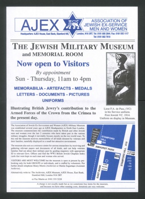 Information sheet - ajex (Association of Jewish ex-servicemen & women) museum in London; 34299
