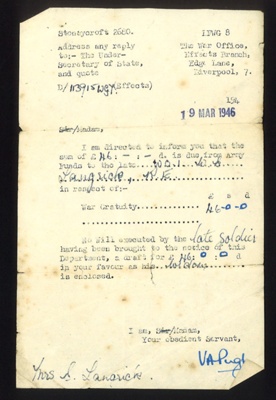 Letter - from War Office concerning war gratuity of £46 due to W.O.1 "W.E. Langside" Royal Engineers - 19/03/1946; 19/03/1946; 5039