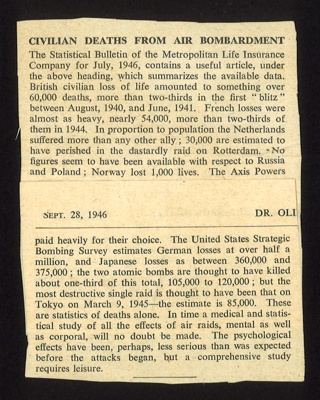 Press cutting - "Civilian deaths from air bombardment" - 28/09/1946; 28/09/1946; 5528