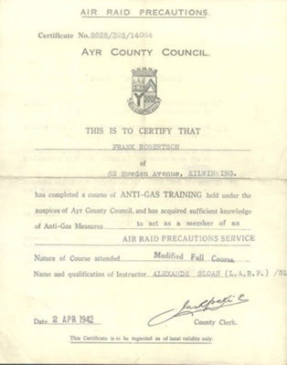 Copies (2) of certificate - "A.R.P anti-gas training" - awarded to Frank Robertson 09/04/1942; 9/04/1942; 37765 Copies (2) of certificate - "A.R.P anti-gas training" - awarded to Frank Robertson 09/04/1942; 9/04/1942; 37765