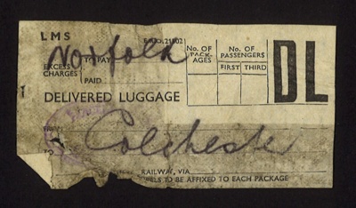 Delivered luggage label (white) - L.M.S. railway - "Colchester"; 9784 Delivered luggage label (white) - L.M.S. railway - "Colchester"; 9784