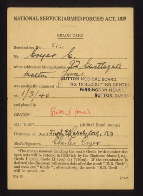 Grade card- National service (Armed Forces) issued to a 'Charles Cryer' dated 01.03.1940 including proof of medical inspection; 78856