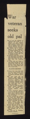 Photo copy of press cutting - "War veteran seeks old pal" - Mr. C.S. Bryan ex R.A.S.C. 239 Coy sought by Mr. Bill Noden of Lincoln - circa 1975 - see item no: 5214; 1/01/1975; 5215