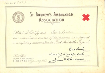 Colour copies (2) of certificate - "St Andrew's Ambulance Association" first aid - awarded to Frank Robertson 21/01/1943; 21/01/1943; 37764 Colour copies (2) of certificate - "St Andrew's Ambulance Association" first aid - awarded to Frank Robertson 21/01/1943; 21/01/1943; 37764