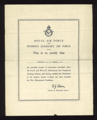 Certificate- R.A.F & W.A.A.F. awarding an 'I.G. Thorpe' the 'War Educational Certificate' dated 07.11.1945 ; 78852