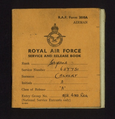 R.A.F. form 3810A - service and release book - Sgt A. Calvert - 16/07/1946 to 15/07/1950; 15/07/1950; 2688