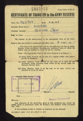 Army form x202/b - "Certificate of transfer to the army reserve" - C.Q.M.S. N.J. Winham Royal Engineers - 05/05/1946; 5/05/1946; 7554 Army form x202/b - "Certificate of transfer to the army reserve" - C.Q.M.S. N.J. Winham Royal Engineers - 05/05/1946; 5/05/1946; 7554