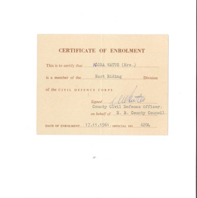 Membership card - Civil Defence Corps - Mrs Nora Watts - certificate of enrolment - 17/11/1961; 17/11/1961; 34971 Membership card - Civil Defence Corps - Mrs Nora Watts - certificate of enrolment - 17/11/1961; 17/11/1961; 34971