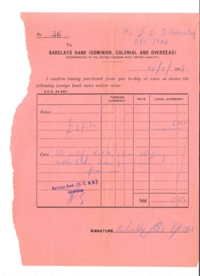 Barclay's bank receipt & "Clearance" ticket - 3948 b/c J. Kirkcaldy - Palestine Police - 29/04/1948; 29/04/1948; 36946 Barclay's bank receipt & "Clearance" ticket - 3948 b/c J. Kirkcaldy - Palestine Police - 29/04/1948; 29/04/1948; 36946