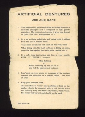 Leaflet - "Artificial Dentures Use and Care" - July 1944; 1/07/1944; 1831 Leaflet - "Artificial Dentures Use and Care" - July 1944; 1/07/1944; 1831