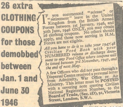 Press cutting - "26 Extra Clothing Coupons for those demobbed between Jan 01 and June 30 1946"; 1/01/1946; 38109 Press cutting - "26 Extra Clothing Coupons for those demobbed between Jan 01 and June 30 1946"; 1/01/1946; 38109
