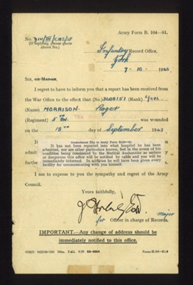 Army form b104-81 - notification of wounding - L/Cpl Roger Morrison - 5th Bn The Sherwood Foresters - 18/09/1943; 18/09/1943; 9932