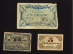 Bank notes (3) - French currency 1917 - 5 cents (1) - 25 cents (1) - un franc (1); 1/01/1917; 7610