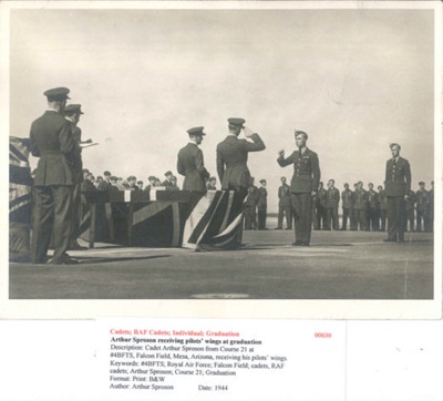 Arthur Sproson receiving Pilots Wings at Graduation at Falcon Field - From Course 21 - 1944 - Photo No. 00030; 83397 Arthur Sproson receiving Pilots Wings at Graduation at Falcon Field - From Course 21 - 1944 - Photo No. 00030; 83397