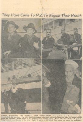 Copies of press cuttings & photographs - arrival of "HMHS Tjitjalengka" (hospital ship) in New Zealand with Allied P.O.Ws released from Japanese P.O.W. camps; 38315