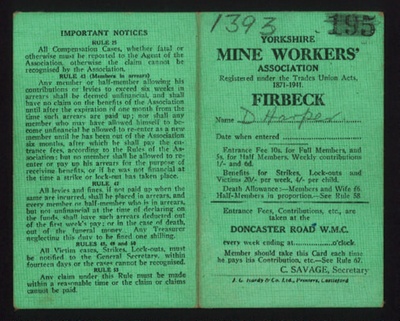 Membership card (green) - "Yorkshire mine workers' Association" - Firbeck colliery - 1944; 1/01/1944; 6285