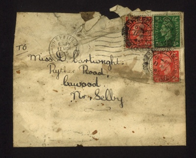 Envelope - Franked "Sheffield 11 MCh 1945" - addressed to Miss D. Carwrtight - Selby; 11/03/1945; 5456 Envelope - Franked "Sheffield 11 MCh 1945" - addressed to Miss D. Carwrtight - Selby; 11/03/1945; 5456