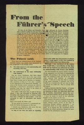 German propaganda leaflet - "From the Fuhrer's speech" - dropped on England by the Luftwaffe; 2386