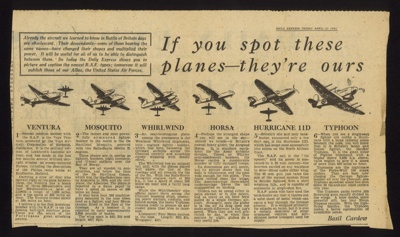 Press cutting - guide to identification of British aircraft - Daily Express 30/04/1943; 30/04/1943; 5438