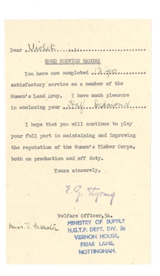 Letter re: Women's Land Army Good Service Badges - "Half Diamond" - sent to Miss V.E. Marston; 36650 Letter re: Women's Land Army Good Service Badges - "Half Diamond" - sent to Miss V.E. Marston; 36650