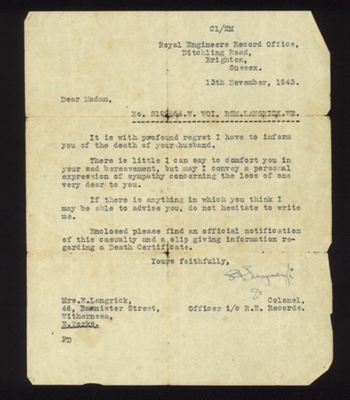 Letter - re: death of R.S.M. W.E. Langrick - Royal Engineers to Mrs E. Langrick - Withernsea - 13/11/1943; 1/01/1943; 5035 Letter - re: death of R.S.M. W.E. Langrick - Royal Engineers to Mrs E. Langrick - Withernsea - 13/11/1943; 1/01/1943; 5035