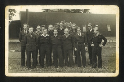 Photograph group of German POW's - inmates of Eden Camp-part of snow clearing and draining gang; 39002