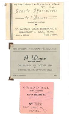 Dance tickets (2) & address card - Belgium - souvenirs of Sgt Cyril Smart - R.A.O.C.; 36909 Dance tickets (2) & address card - Belgium - souvenirs of Sgt Cyril Smart - R.A.O.C.; 36909