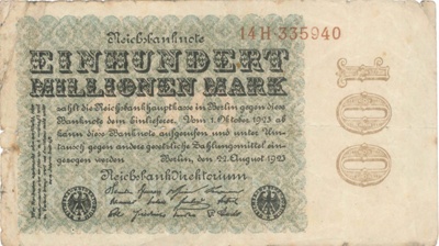 German bank note - Reichsbanknote - Einhundert Millionen Mark - 100000000 Marks - 22/08/1923; 22/08/1923; 37971 German bank note - Reichsbanknote - Einhundert Millionen Mark - 100000000 Marks - 22/08/1923; 22/08/1923; 37971