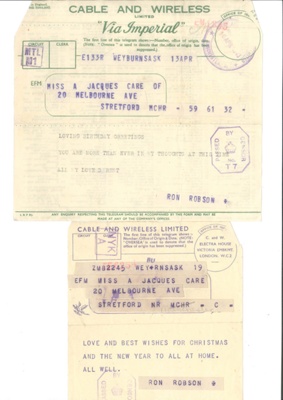 Telegrams (6) - to Miss Alice Jacques from Ronald Robson - April 1942 to April 1943; 1/04/1942; 35779 Telegrams (6) - to Miss Alice Jacques from Ronald Robson - April 1942 to April 1943; 1/04/1942; 35779