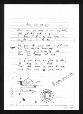 Poem - "Crime Does Not Pay" - By Doug Cartman - R.A.O.C. - for customers of the armourer's workshop "Warminster"; 1788 Poem - "Crime Does Not Pay" - By Doug Cartman - R.A.O.C. - for customers of the armourer's workshop "Warminster"; 1788