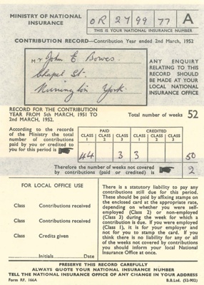 Ministry of National Insurance Contribution Card & Correspondence 1951-1952 - John E. Bowes; 38107