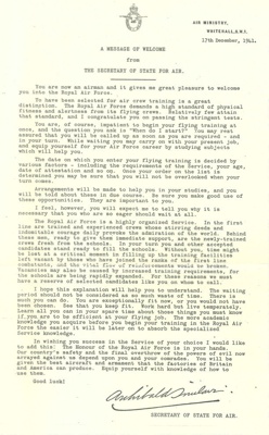 Copies (2) - message of welcome to airmen on joining the R.A.F. - 17th December 1941; 37773 Copies (2) - message of welcome to airmen on joining the R.A.F. - 17th December 1941; 37773