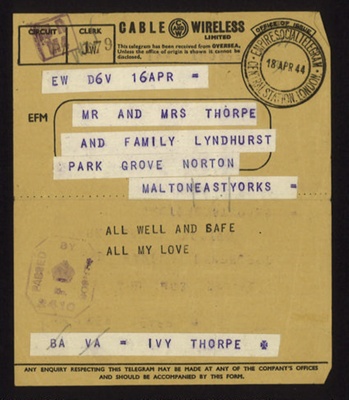 Telegram- to a 'Mr & Mrs Thorpe' from their daughter 'Ivy Thorpe' dated 16.04.1944 ; 78830