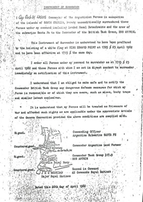 Photocopy - Surrender Document signed by the Commander of the Argentine forces on South Georgia - 26/04/1982; 37703