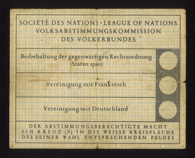 German voting card - "Volksabstimmungskommission Des Volkerbundes" - pre 1939; 2001 German voting card - "Volksabstimmungskommission Des Volkerbundes" - pre 1939; 2001
