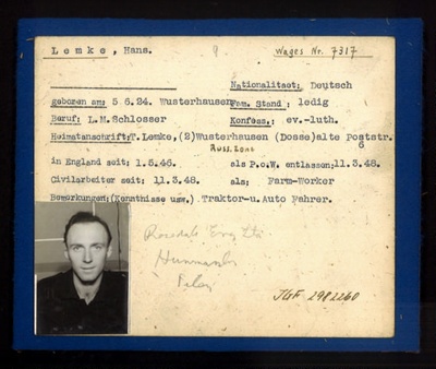German P.O.W. record card - Hans Lemke - German - Dob 05/06/1924; 6594 German P.O.W. record card - Hans Lemke - German - Dob 05/06/1924; 6594