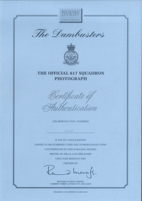 Certificate of Authentication - "The official 617 Squadron photograph" - no: 440 (see also 17552 & 17554); 17553 Certificate of Authentication - "The official 617 Squadron photograph" - no: 440 (see also 17552 & 17554); 17553