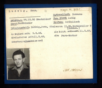 German P.O.W. record card - Hans Ludwig - Rumanian - Dob 26/12/1920; 6587