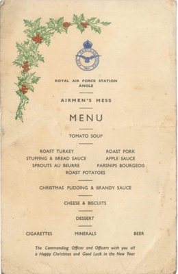 R.A.F. Christmas Dinner Menu - "R.A.F. Station Angle" - Airmen's Mess; 38026