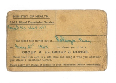 Ministry of Health - Blood Transfusion card - Gnr D.A. Burton - 27/05/1943; 27/05/1943; 37063