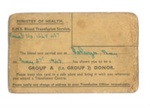 Ministry of Health - Blood Transfusion card - Gnr D.A. Burton - 27/05/1943; 27/05/1943; 37063 Ministry of Health - Blood Transfusion card - Gnr D.A. Burton - 27/05/1943; 27/05/1943; 37063