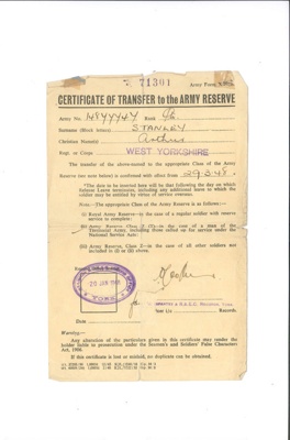 Army Form x202b - "Certificate of transfer to the Army Reserve" - Pte Arthur Stanley - 20/01/1948; 20/01/1948; 34950 Army Form x202b - "Certificate of transfer to the Army Reserve" - Pte Arthur Stanley - 20/01/1948; 20/01/1948; 34950