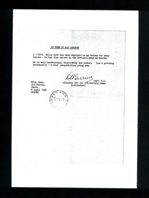 Letter of recommendation for Willy Lipp & Eden Camp 3d money POW camp 250; 9138