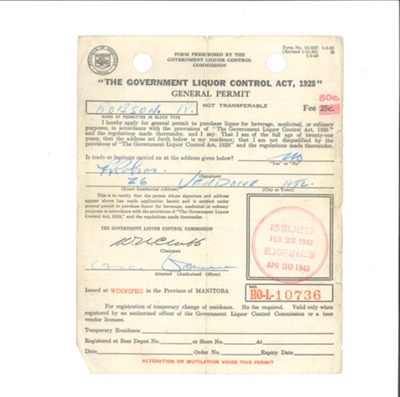 Canadian liquor permit - "The government liquor control act 1928" - Canada - issued 23/02/1943; 23/02/1943; 35777 Canadian liquor permit - "The government liquor control act 1928" - Canada - issued 23/02/1943; 23/02/1943; 35777