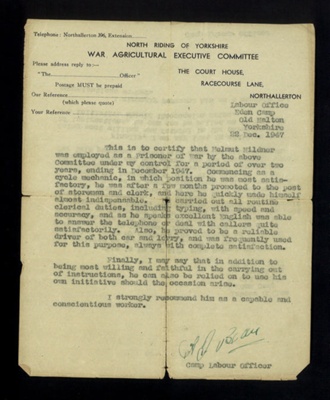Reference written by camp labour officer at Eden Camp for Helmut Mildner - German P.O.W.; 29433