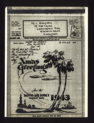 Forces Christmas aerogramme - from L.A.C. C. Perry R.A.F 274 squadron - Middle East - 09/11//1943; 9/11/1943; 13367