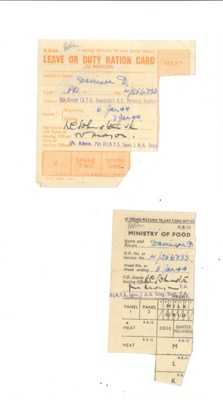 Army Leave or Ration cards (2) - Pte D. Davinson or Parsons A.T.S. - 7th Heavy A.A. Training Regiment - January 1944; 1/01/1944; 36167 Army Leave or Ration cards (2) - Pte D. Davinson or Parsons A.T.S. - 7th Heavy A.A. Training Regiment - January 1944; 1/01/1944; 36167
