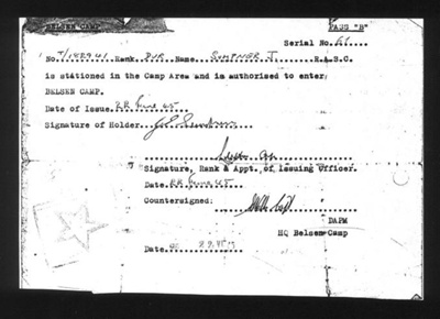 Belsen camp permit (photocopies) (2) - issued to Dvr J. Sumpner R.A.S.C. - 22/06/1945; 22/06/1945; 6431 Belsen camp permit (photocopies) (2) - issued to Dvr J. Sumpner R.A.S.C. - 22/06/1945; 22/06/1945; 6431